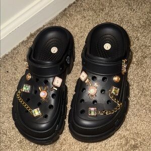 Off Brand Similar to Crocs Black Mules with Gold Accents